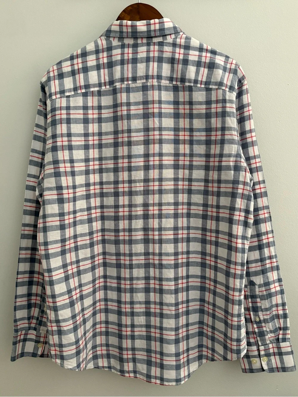 Banana Republic Linen Blend Men's Blue, White,Red Plaid Button-Down Shirt Size L